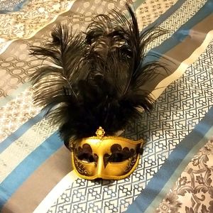 Masquerade Mask Feathers Glitter Ribbon Black & Gold